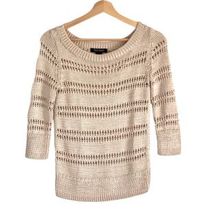 White House Black Market Open Stitch Sweater 3/4 Sleeve Neutral Tan XS Crochet